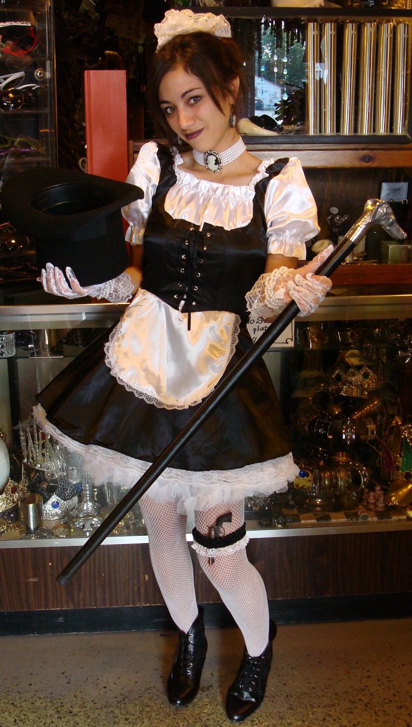 Redhead French Maid wearing White Fishnet Pantyhose and Black Shoes